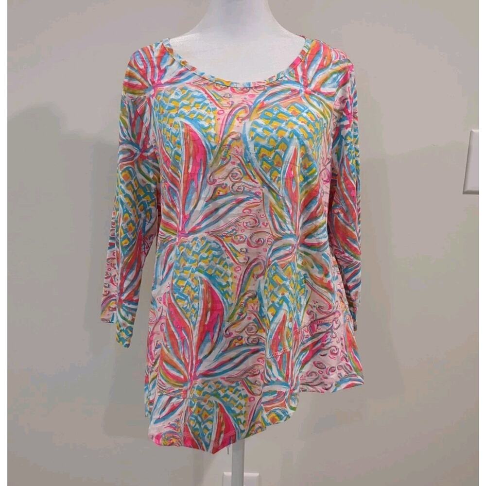 LULU-B Womens L Colorful Pineapple Shirt Asymmetric Tunic Top Tropical 3/4 Sleev